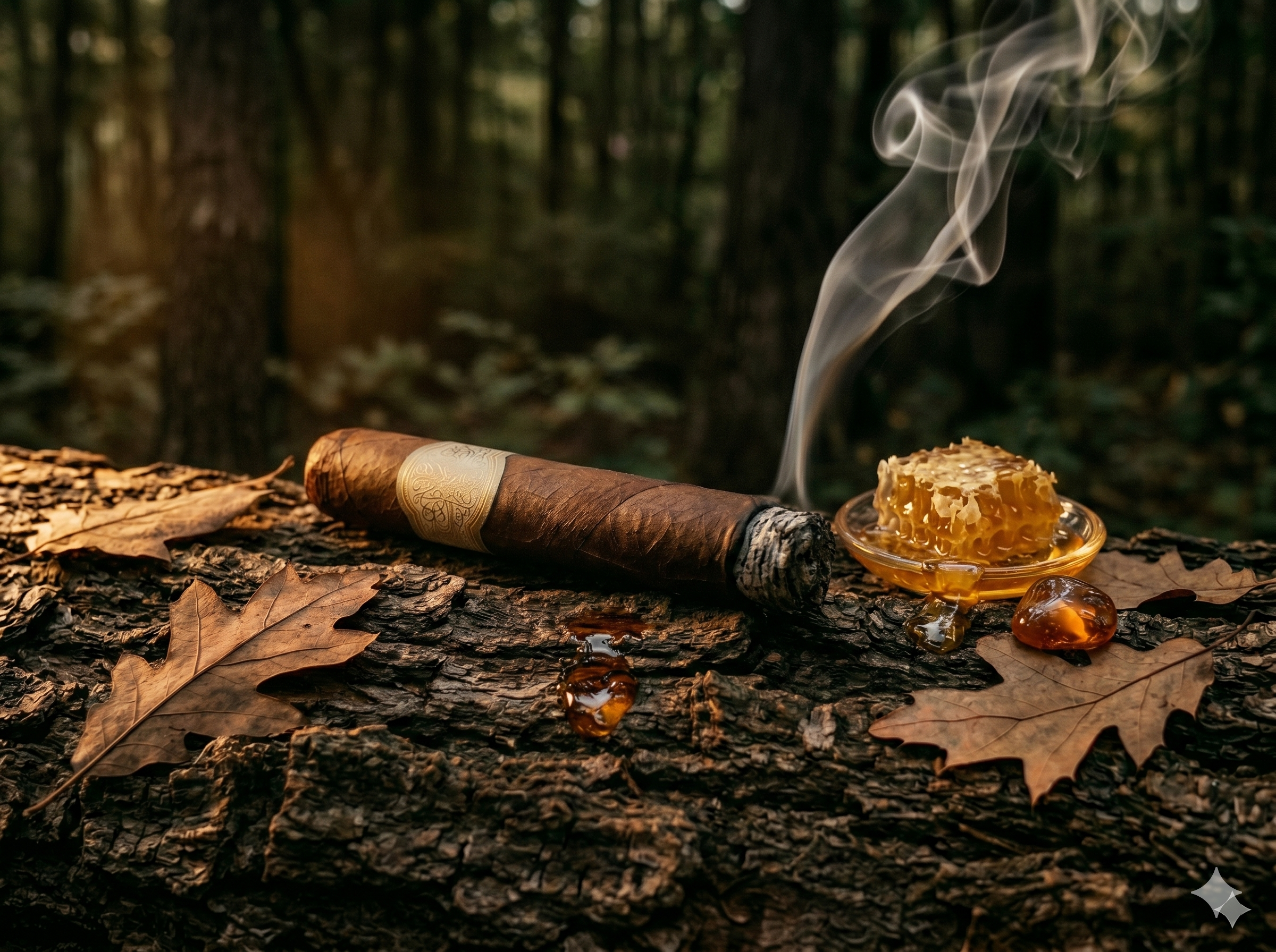 Lit cigar beside honeycomb and amber resin