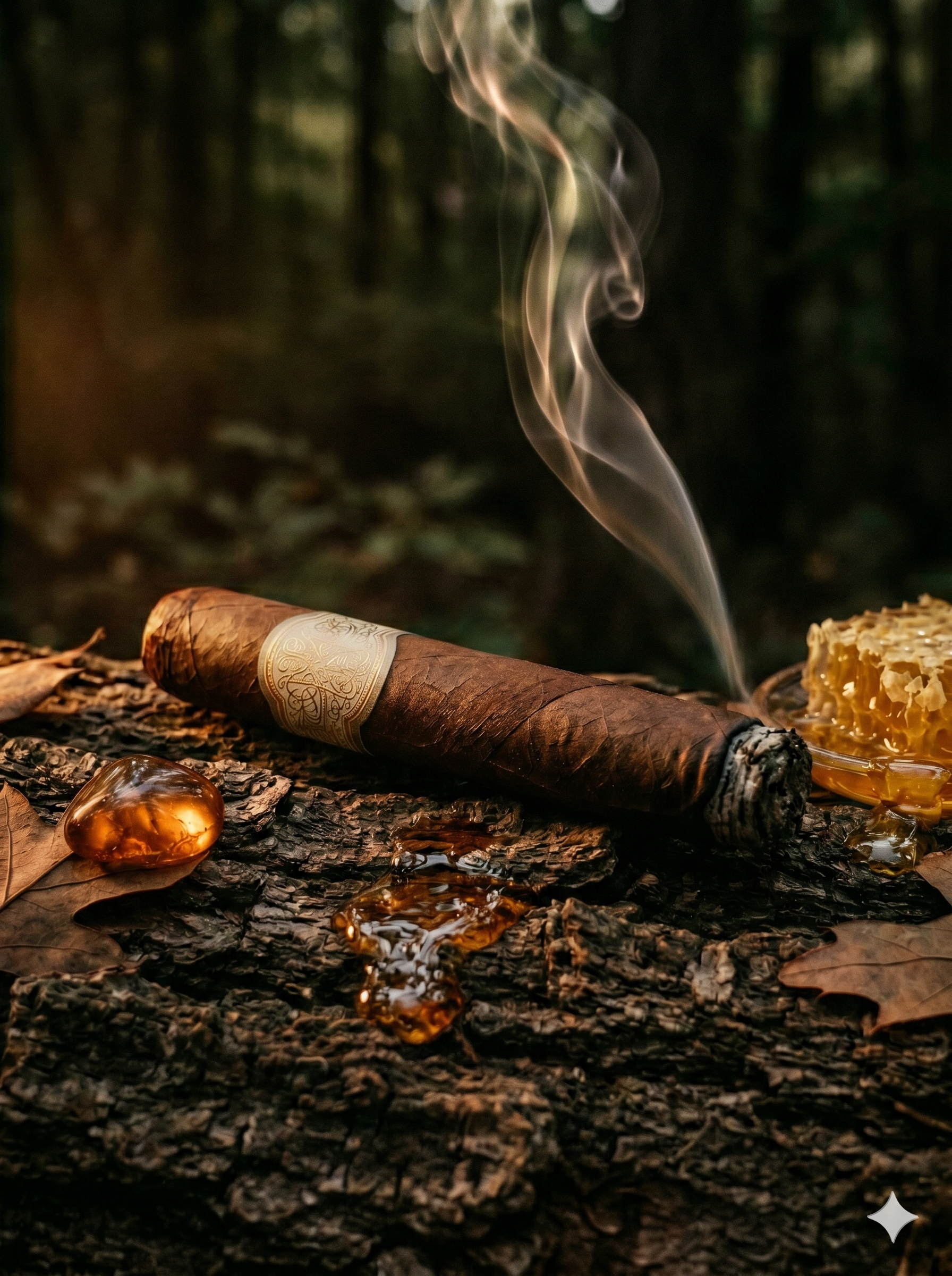 Lit cigar beside honeycomb and amber resin