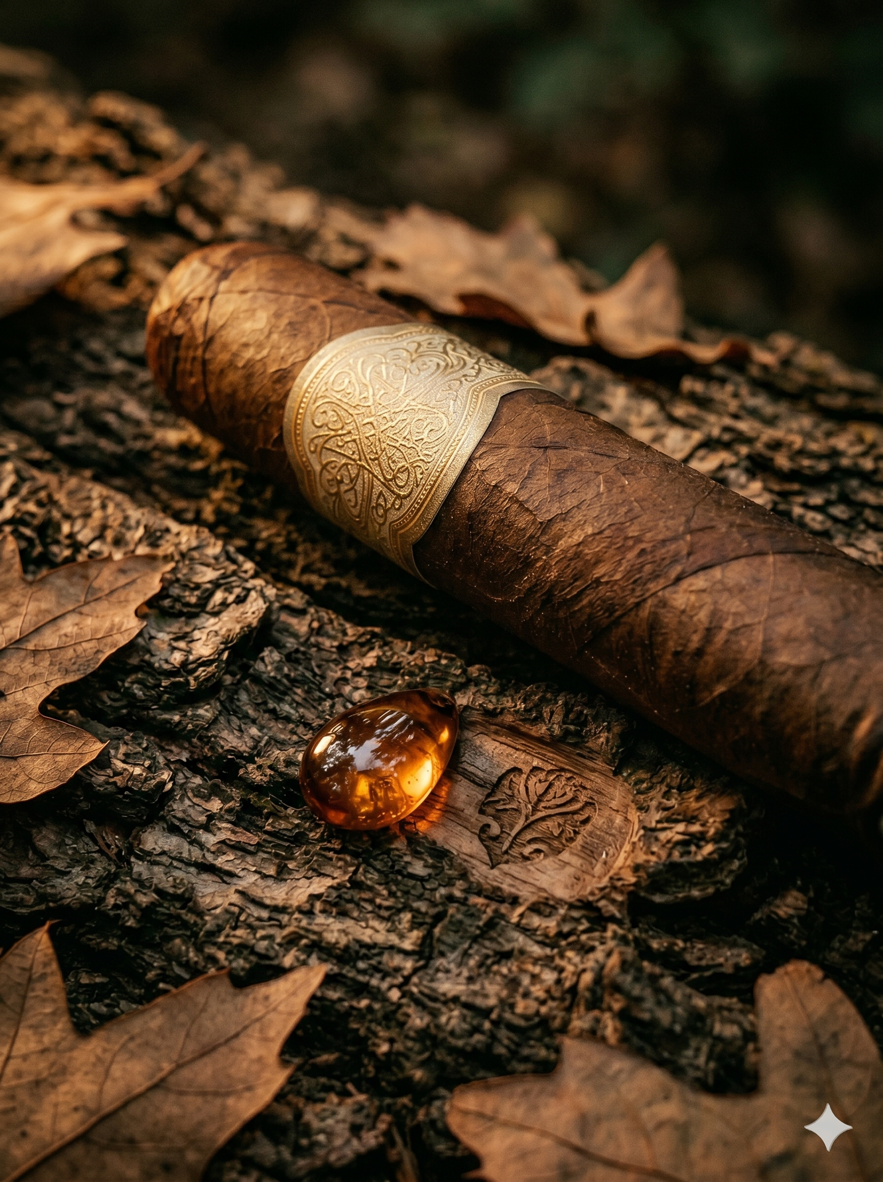 Close-up of a cigar resting on bark