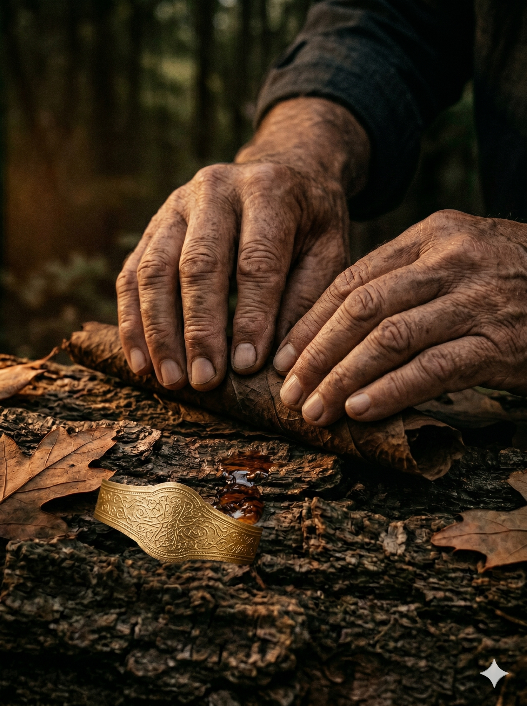 Hands shaping a cigar over tobacco leaves