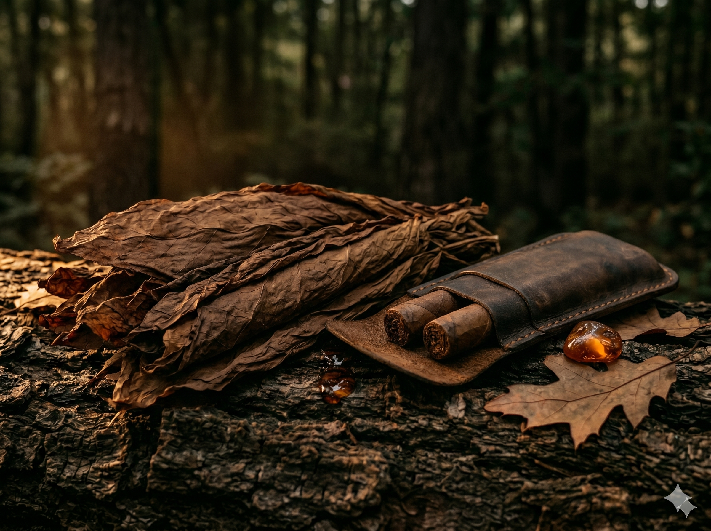 Leather cigar case beside cured tobacco leaves